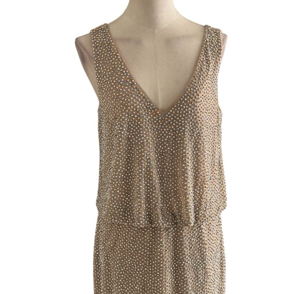 CACHE Studded Sparkle Caviar Beaded Blouson Mini Dress Size 8 Party Nude Silver - Picture 6 of 8